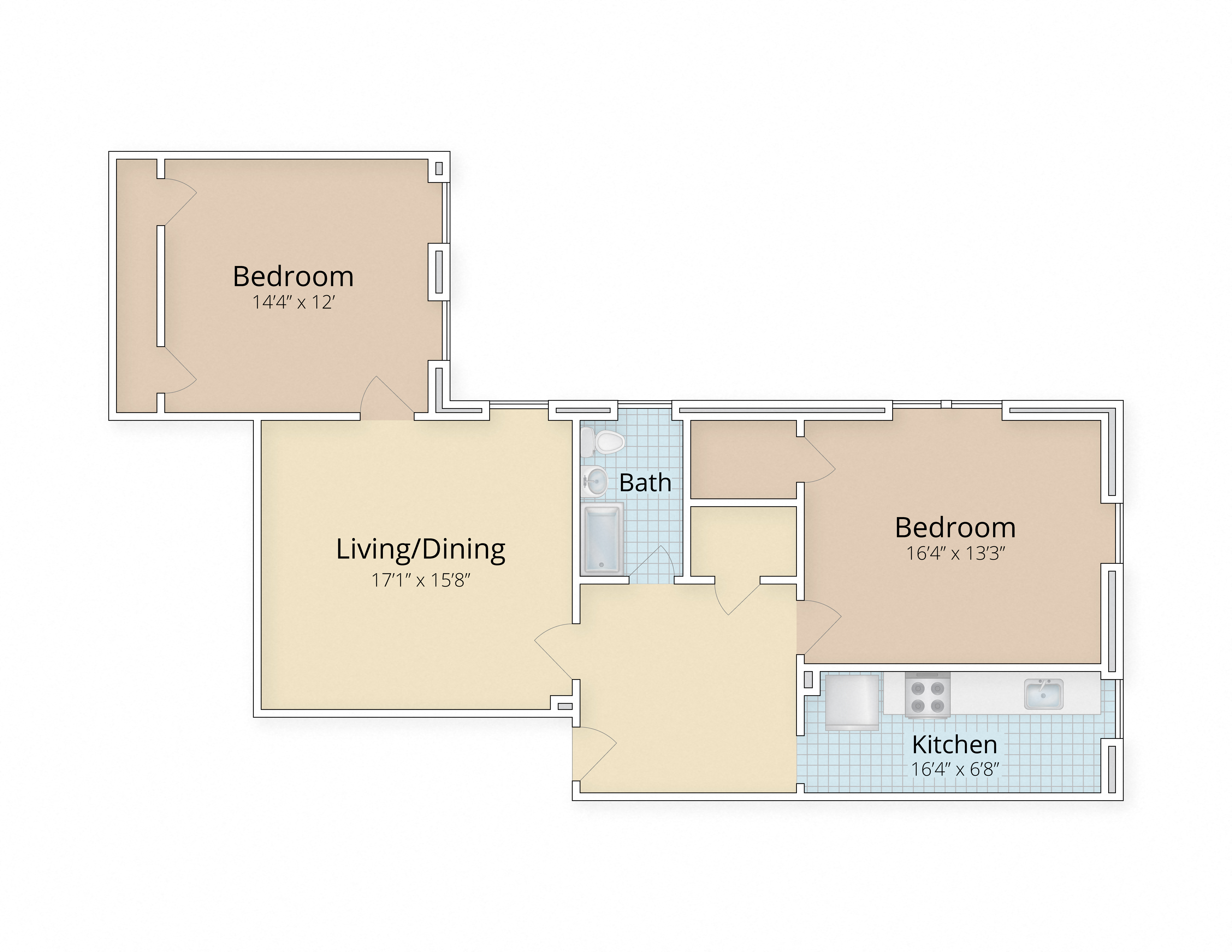 Floor plan for 2 beds, 1 bath, 1498 sqft